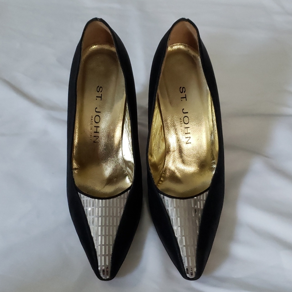 St. John Black Satin and Silver Sequin Heels